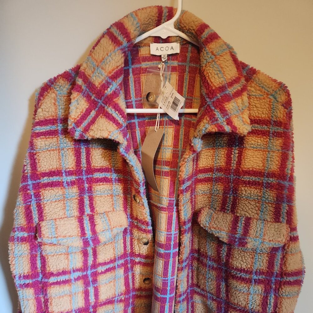 ACOA WOMEN'S MAGENTA ORANGE PLAID FLEECE ZIP UP JACKET